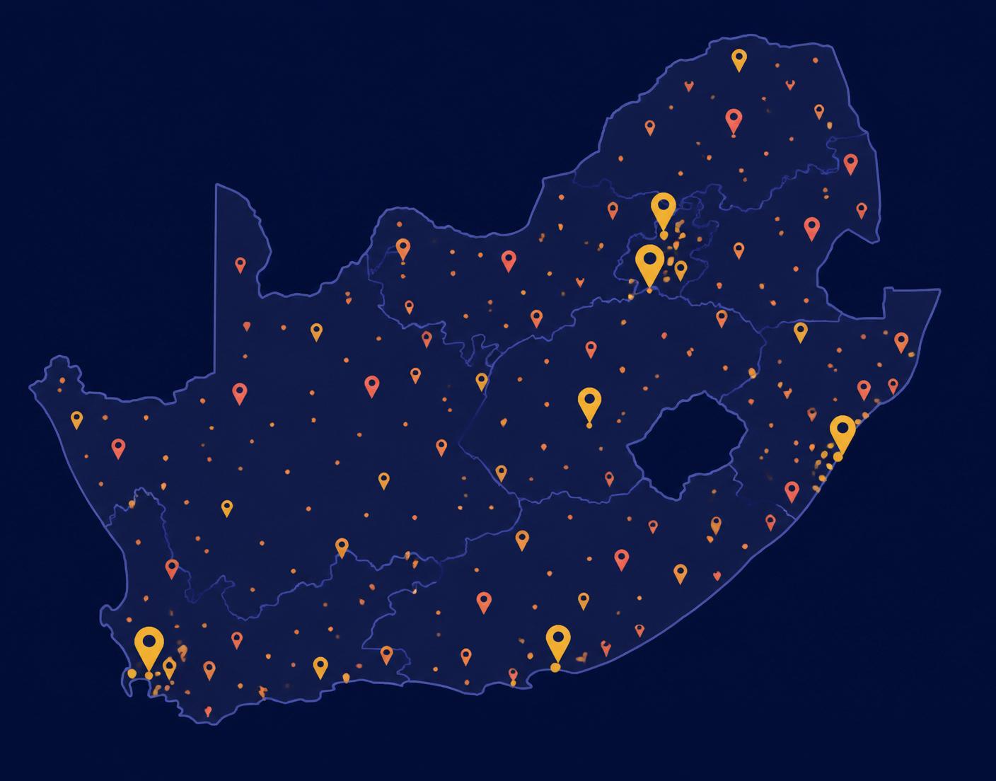 Dot-map illustration of Promo Nation SA's Southern African footprint