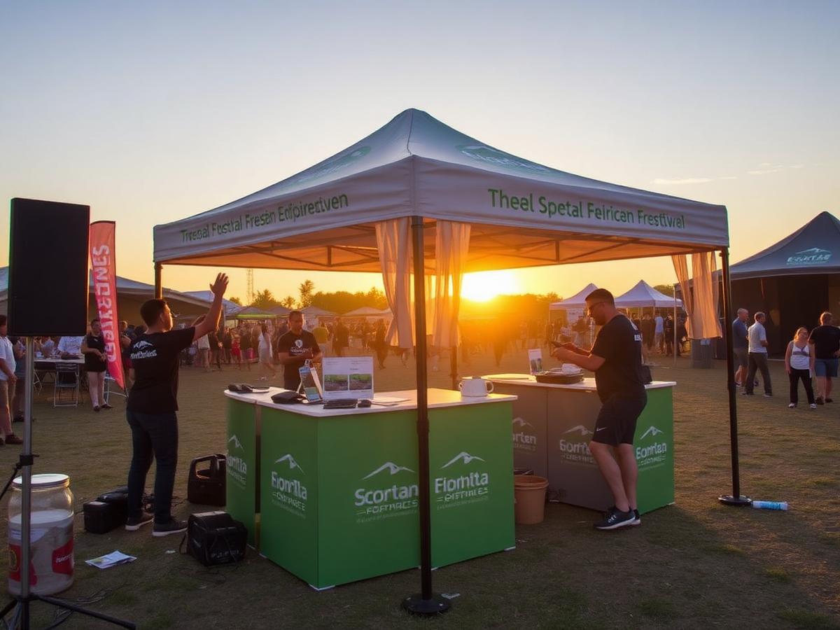 Event staff setting up a branded gazebo at a festival